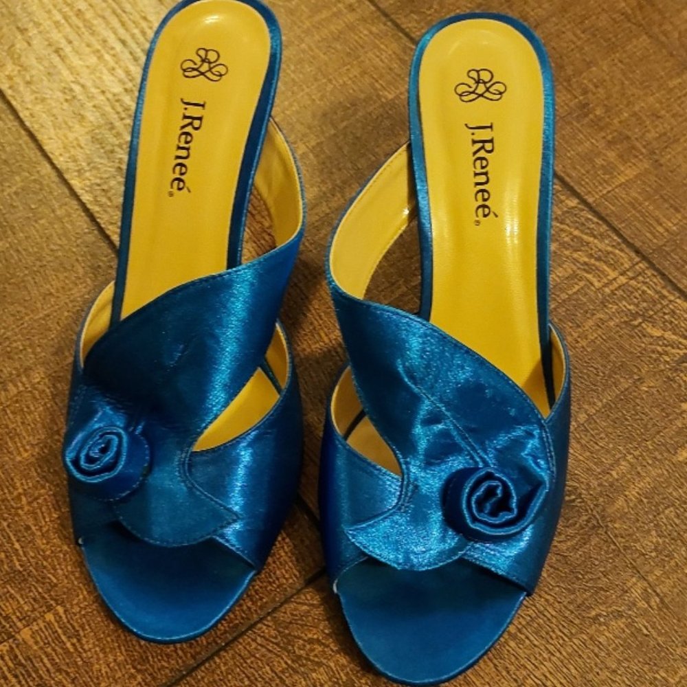 J RENEE ELECTRIC BLUE SATIN SLIP ON MULE